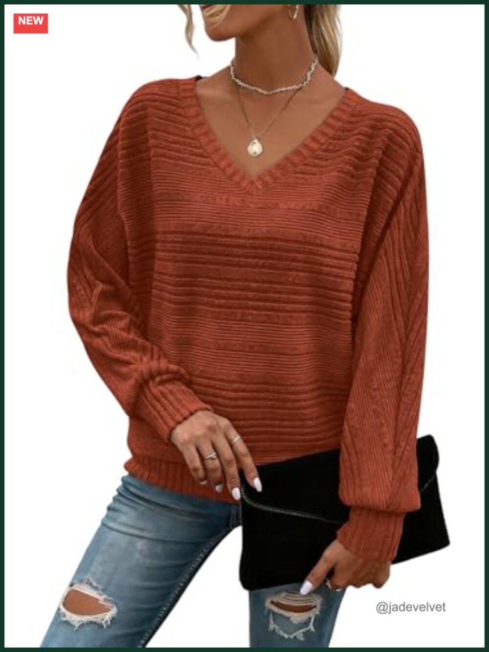 Women's V-Neck Batwing Sleeve Sweater Tunic Top
